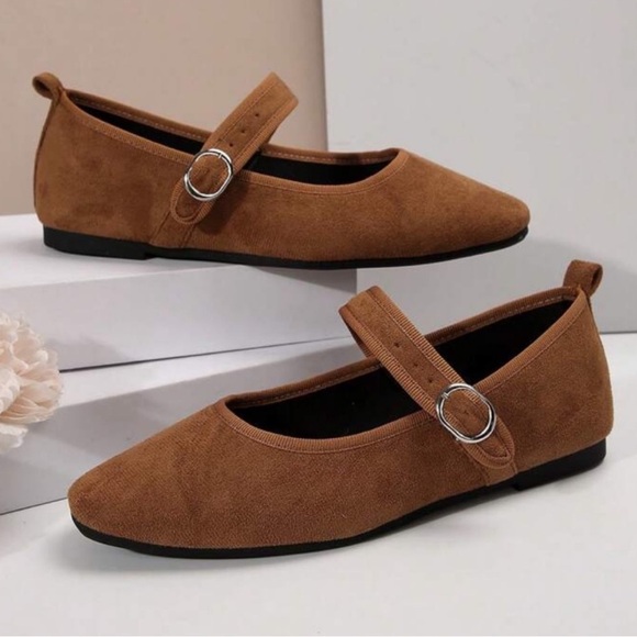 Tan round toe faux suede ballet flats - Picture 3 of 5